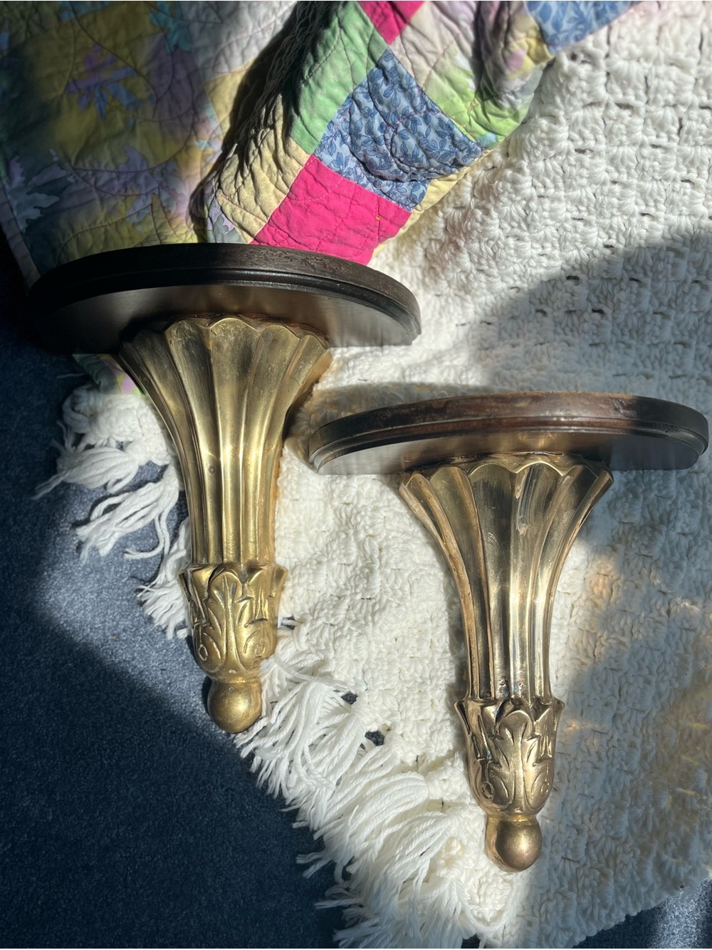 Ornate Vintage Brass and Dark Wood Wall Shelf Brackets - Pair